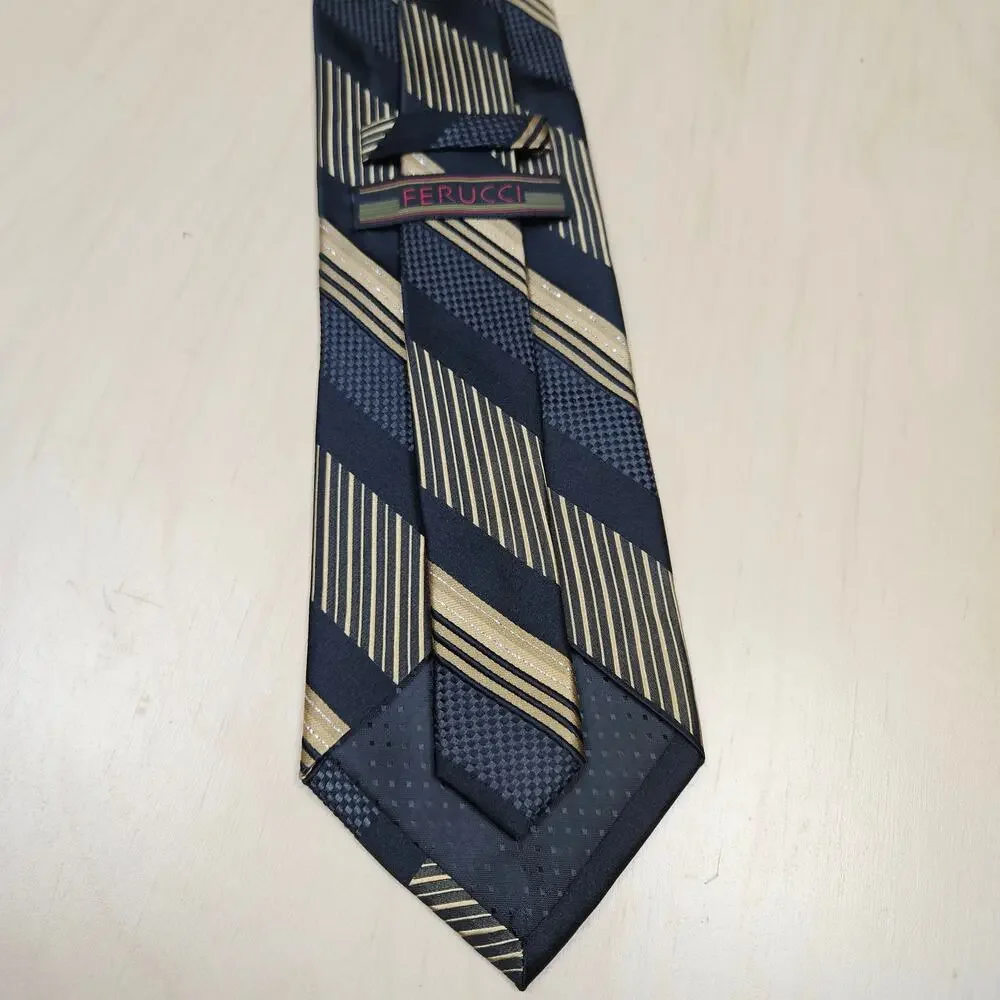 Ferucci Men's Repp Tie Black & Gold Office Executive 90% Silk Shiny gold thread